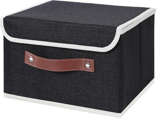 ANMINY Storage Bin with Lid Storage Boxes with PU Leather Handles PP Plastic Board Decorative Foldable Lidded Cotton Linen Fabric Home Cubes Baskets Closet Organizer Container - Black, Small Size