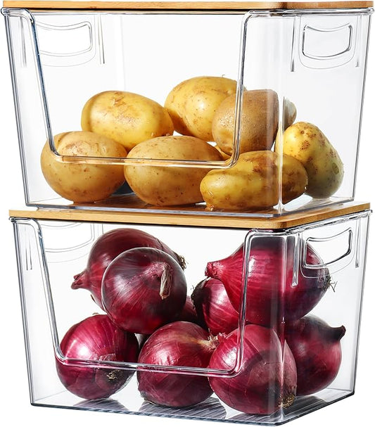 Pantry Organizers Storage, 2 Pack Large Capacity Clear Storage Bins with Bamboo Lids for Onion, Potato, Garlic, Canned Food, Under Sink Organizer Kitchen Countertop Organizer