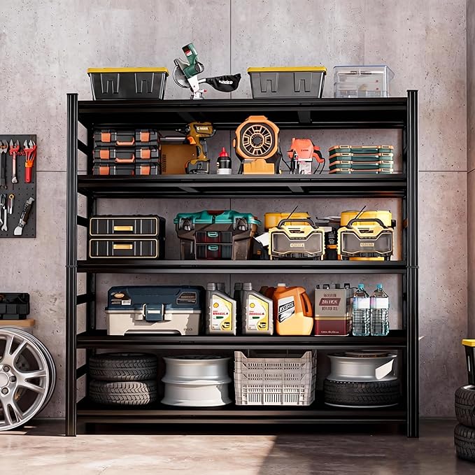 48" W Garage Shelving Garage Shelf Unit Storage Shelves Heavy Duty Metal Shelving Organizer Industrial Shelves for Warehouse Basement Kitchen Pantry, Black, 72" H X 48" W X 24" D