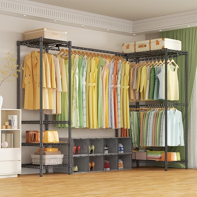 ULIFHOME E10L L-Shaped Clothes Rack for Corner（With Expandable Hanger Rod）Heavy Duty Freestanding Clothing Racks for Hanging Clothes，Portable Garment Rack 58-82"W x 30"D x 72"H，Max Load 900LBS，Black