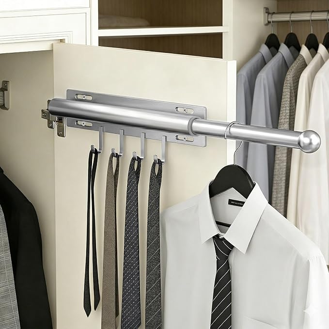 2 Pack Valet Rod for Closet Retractable with 4 Hooks, 13.4"-23.2" Pull Out Clothes Rail, Heavy Duty Alloy Steel Side Mount Wardrobe Bar, Adjustable Organizer for Laundry, Bathroom, Entrance (Nickel)