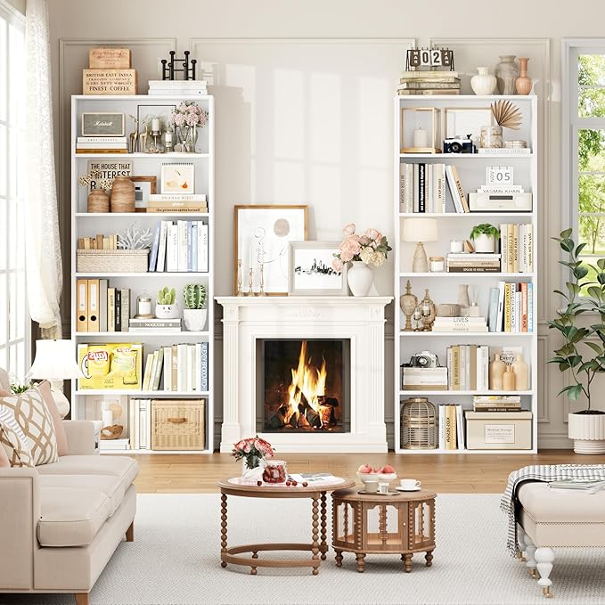 FOTOSOK 6-Tier Open Bookcase and Bookshelf Set of 2, Freestanding Display Storage Shelves Tall Bookcase for Bedroom, Living Room and Office, White