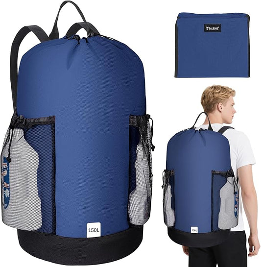 BALEINE 2PK 150L Laundry Bag Backpack, 900D Oxford Fabric Large Travel Laundry Bags with Shoulder Straps and 2 Mesh Pockets for College Dorm, Apartment, Laundromat (Navy, 150L)