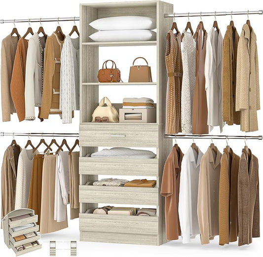 Aheaplus Closet System, 4-9Ft Closet Organizer with 4 Wooden Drawers, Wood Closet Organizer System with Tower, Walk-in Closet Organizer Wardrobe Garment Clothes Rack with 4 Hanging Rods, 2White Oak