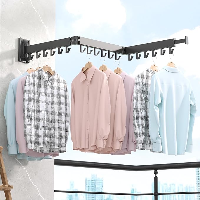 BOQORAD Drying Rack Clothing,Clothes Drying Rack Wall Mounted,Collapsible Hanging Racks for Laundry,Laundry Drying Rack,Wall Mounted Clothes Rack(31.5"-White) (Black-Hooks, Tri-Fold)
