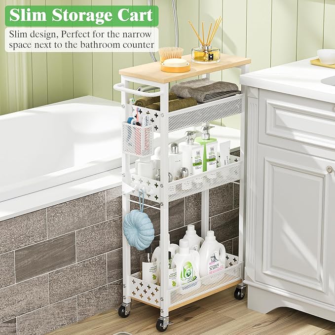 Utility Slim Rolling Storage Cart with Wheels, 4 Tier Narrow Metal Kitchen Cart Bathroom Laundry Room Organization Trolley with Wood Rack and Removable Mesh Basket for Small Space, 7.1IN White