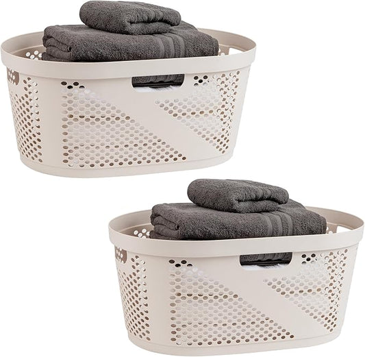 Mind Reader 40L Ventilated Laundry Baskets, Lightweight Clothes Hamper with Cutout Handles for Bathrooms and Closets, Plastic, Set of 2, Ivory
