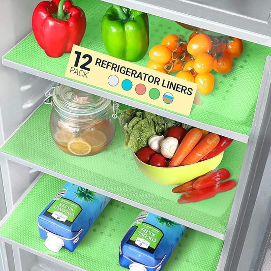Refrigerator Liners for Shelves (12 Pack) by Linda’s Essentials - Non-Adhesive Shelf or Drawer Liner, BPA-Free Fridge Mats for Kitchen & Cabinets, Easy to Clean, Ideal Household Essentials (Green)