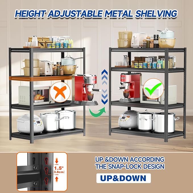 16W'' Garage Shelving Metal Garage Shelf Unit 4-Tier Storage Shelves Heavy Duty Shelf Organizer Industrial Shelves for Warehouse Basement Kitchen Pantry Commercial, Black