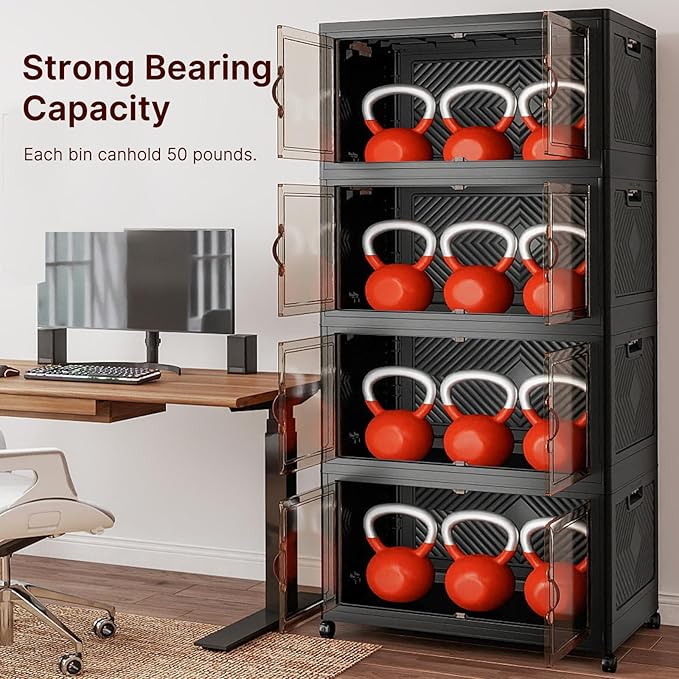 UAMFURI Extra Large Stackable Storage Bins with Lids & Wheels, 672QT-168QT/42GAL*4Pack Foldable Collapsible Closet Organizers Storage Cabinet with Doors for Bedroom Dorm