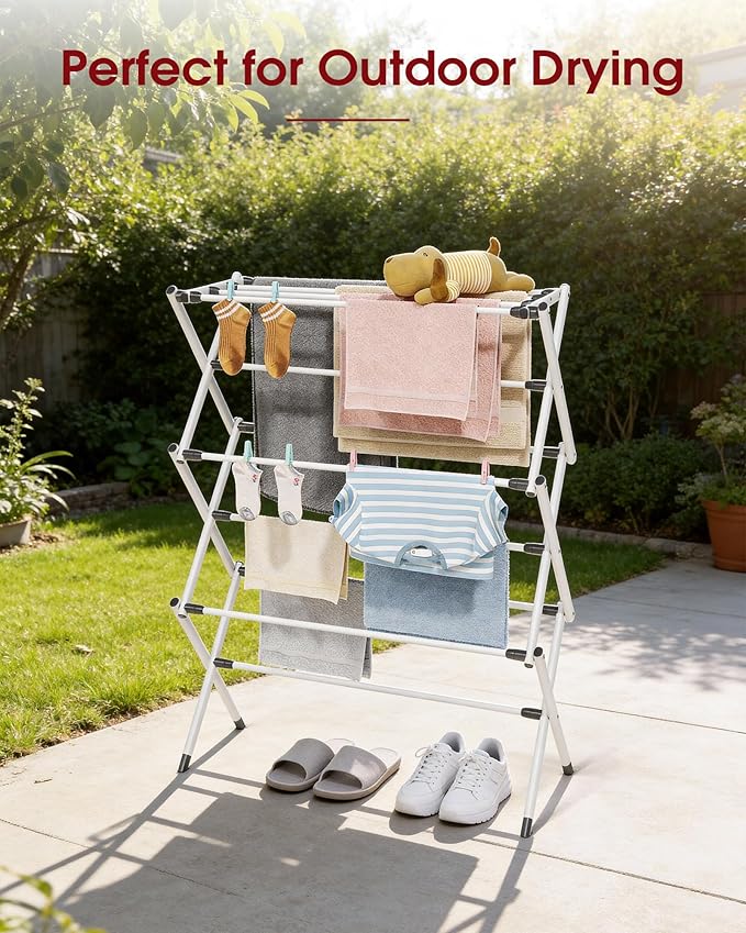 Sakugi Foldable Clothes Drying Rack – Metal Laundry Drying Rack with Non-Slip Feet, 3-Tier Space-Saving Clothing Rack for Organization, Indoor & Outdoor Use, 11.4"D x 29.1"W x 37.4"H, White and Black