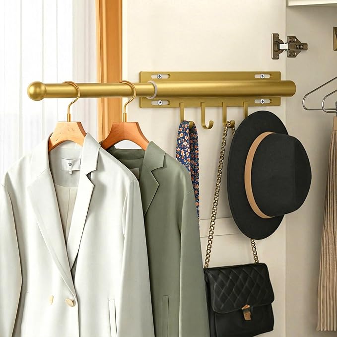 Valet Rod for Closet Retractable with 4 Hooks, 13.4"-23.2" Pull Out Clothes Hanger Rail, Heavy Duty Alloy Steel Side Mount Wardrobe Bar, Adjustable Organizer for Laundry, Bathroom, Entrance (Gold)
