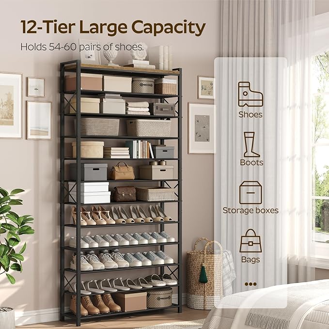 YATINEY 12-Tier Shoe Rack, 39.4" L Shoe Shelf for 54-60 Pairs of Shoes, Tall Shoe Storage Organizer with Metal Frame, Large Capacity Shoes Rack for Entryway, Closet, Rustic Brown and Black SS40BR