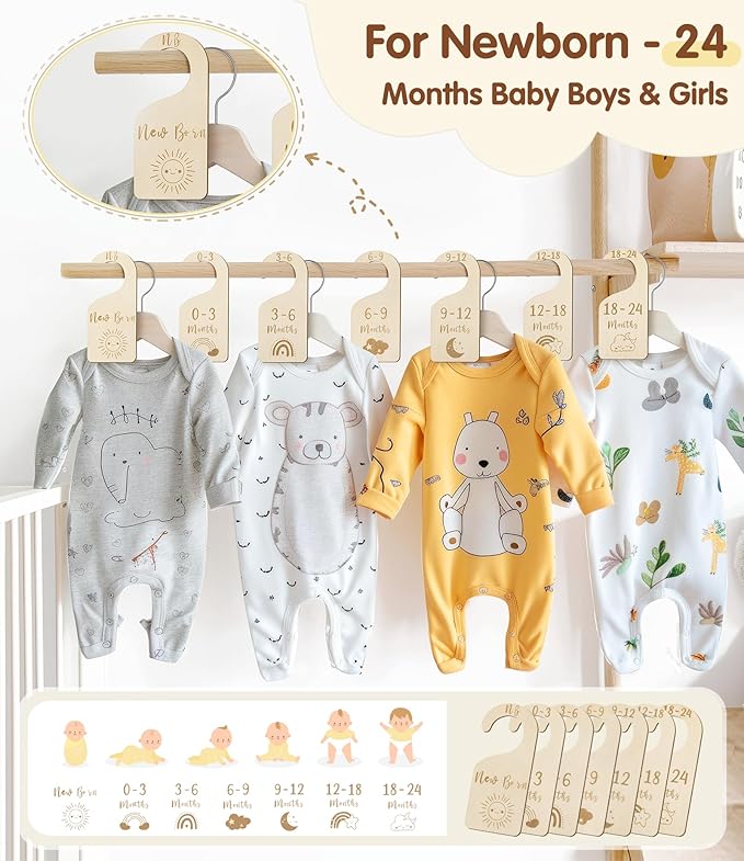 MEILIDY Baby Closet Dividers, Wooden Double Sided Nursery Clothes Size Separators for Newborn to 24 Months, Neutral, 7 Pcs
