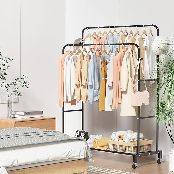 Sooyee Double Rod Clothing Rack with Wheels, 3 Tier Garment Racks for Hanging Clothes, Portable Clothes Rack with 4 Hooks for Bedroom, Laundry Room, Black