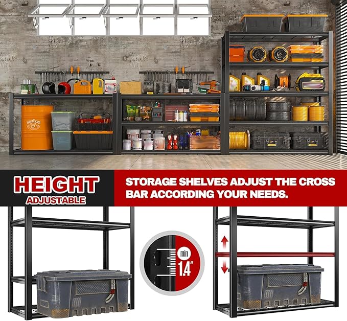 REIBII 48" W Garage Shelving Load 2500LBS, 5 Tier Storage Shelves, Adjustable Garage Storage Shelves, Heavy Duty Shelving for Warehouse, Pantry, Basement, Commercial, 48" W X 72" H X18 D