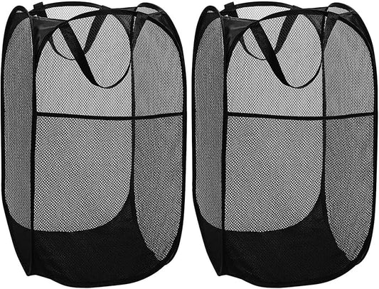 BATTOO Deluxe Strong Mesh Pop up Laundry Hamper Basket with Side Pocket for Laundry Room, Bathroom, Kids Room, College Dorm or Travel 2 Pack Black