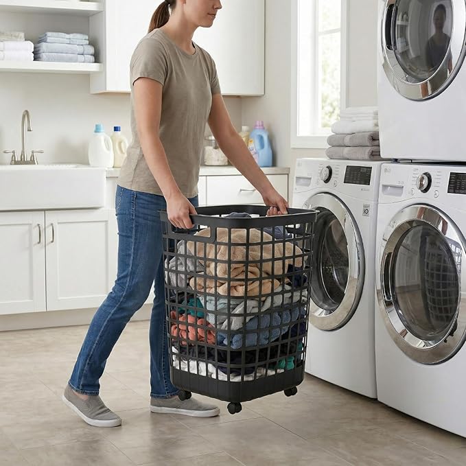 Rolling Laundry Hamper with Smooth-Glide Wheels, 2.6 Bushel Large Capacity Plastic Clothes Basket, Tall Ventilated Open-Top Bin for Easy Access, No Assembly Required Space Saving Storage, Black
