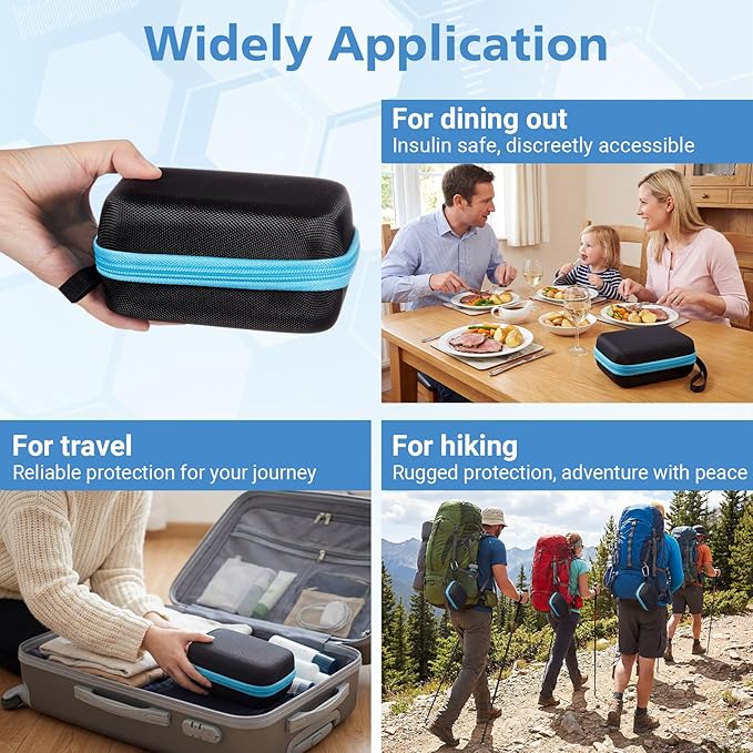 Teenyyou 6 Slots Insulin Peptide Fridge Carrying Case Vial Holder Storage Protector Bag, Fits Standard 10ml Vials, Insulin Cooler Travel Kits Case Diabetes Protector(Black, Blue Zipper)