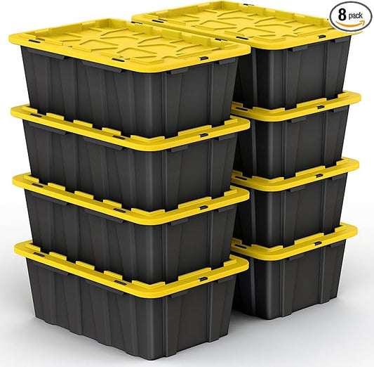 8 PACK Medium Black & Yellow Storage Bins | Plastic Tote Organizing Container with Secure Latching Lids, Stackable, Extra Strength with Built in Handle | Black and Yellow Bins | 24.5" x 16.5" x 9"