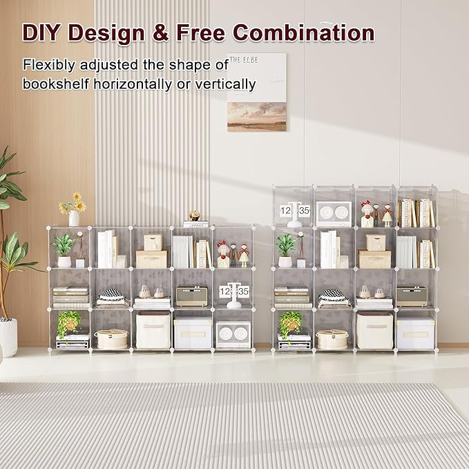 UNKU Cube Storage Organizer, 16 Cube Closet Organizer Storage Shelves, DIY Stackable Bookcase, Clothes Organizer Shelf for Closet, Bedroom, Living Room, Cabinet, Home, Office, Translucent