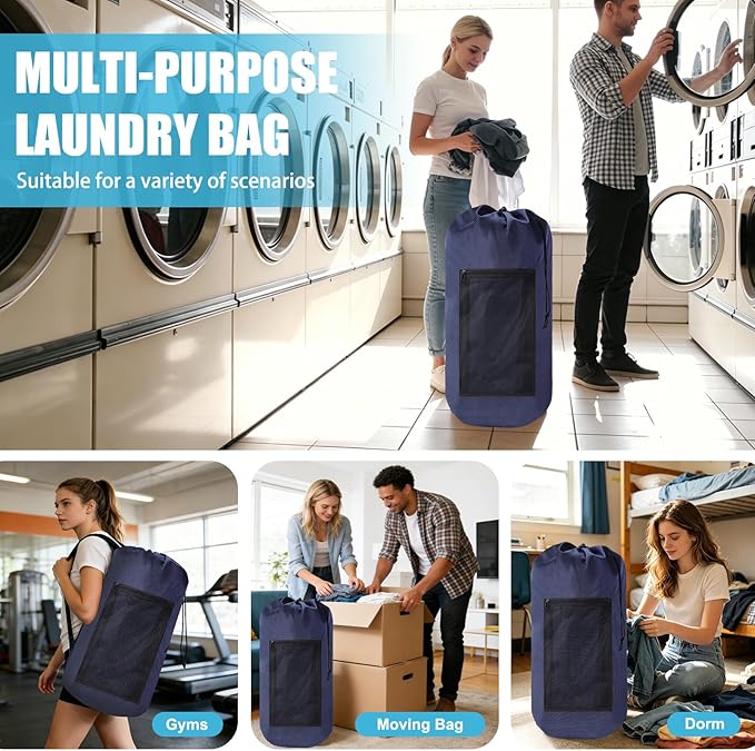 Portable with Adjustable Shoulder Straps Travel Dirty Laundry Bag,with Drawstring Closure & Mesh Pocket Backpack Laundry Bag for College,Apartment,Camping(Dark Blue)