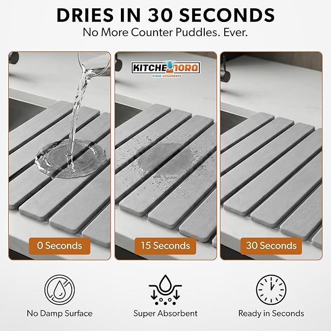 Stone Drying Mat for Kitchen Counter - Super Absorbent, 30sec Fast-Drying Diatomite Dish Mat, Collapsible for Kitchen.