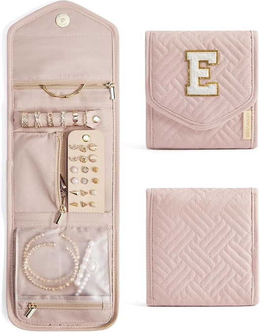 BAGSMART Travel Jewelry Organizer Case E Initial Foldable Jewelry Roll for Journey Rings, Necklaces, Earrings, Bracelets,Mini,Letter E,Soft Pink