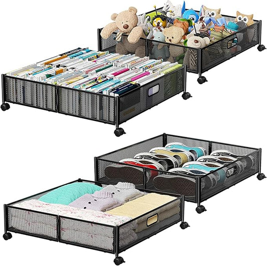 PHINOX Under Bed Storage Containers with Wheels - Shoe Storage Organizer Drawer, Tool-free Assembly Metal Underbed Storage for Bedroom Clothes, Shoes, Blankets - 4Pack