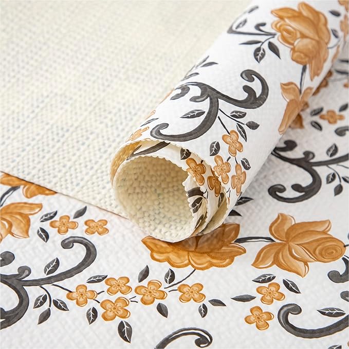 FIFTY FEET 12X120 Inch Shelf Liner for Kitchen Cabinets, PVC Drawer Liner for Dresser Non-Slip Bathroom, Non-Adhesive Cabinet Liner Washable (Yellow Floral)(9 Roll)