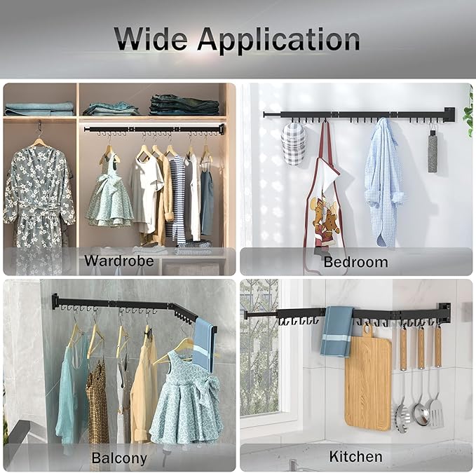 BOQORAD Drying Rack Clothing,Clothes Drying Rack Wall Mounted,Collapsible Hanging Racks for Laundry,Laundry Drying Rack,Wall Mounted Clothes Rack(31.5"-White) (Black-Hooks, Tri-Fold)
