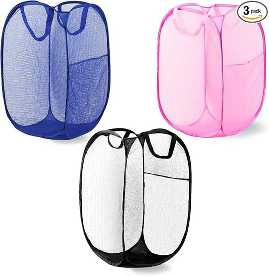 Pop Up Laundry Hamper, Mesh Laundry Basket Collapsible, Foldable Hamper for Travel and Storage, 3 Pack (Black+Pink+Blue)