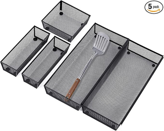 Neudeco Drawer Organizer - Silverware Tray - 5 Compartment Cutlery Tray, Black Pack 5