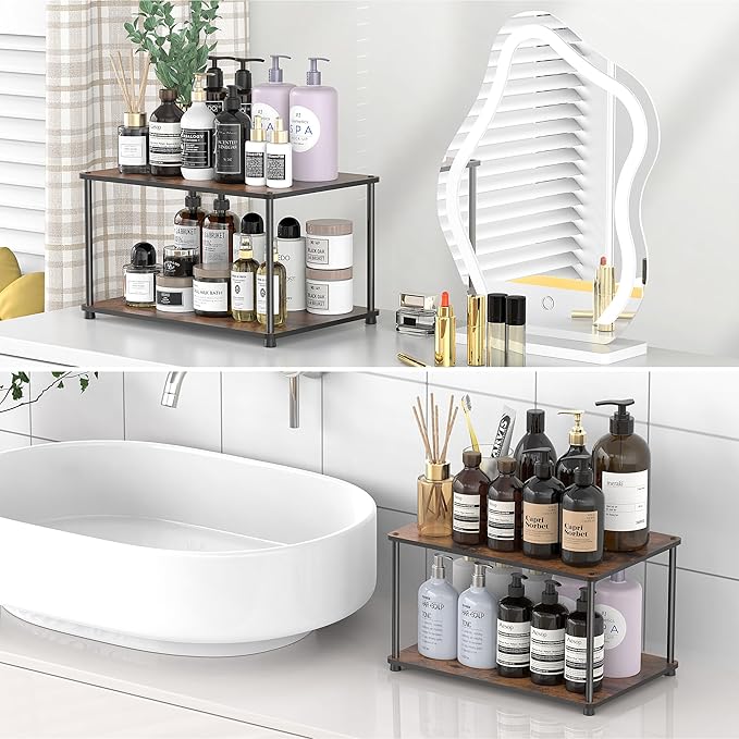Countertop Spice Rack, Stackable Wood & Metal Pantry Cabinet Shelf Organizer Storage, 2-Tier Multi-Use for Kitchen Bathroom Desktop Home Office, Rustic Brown