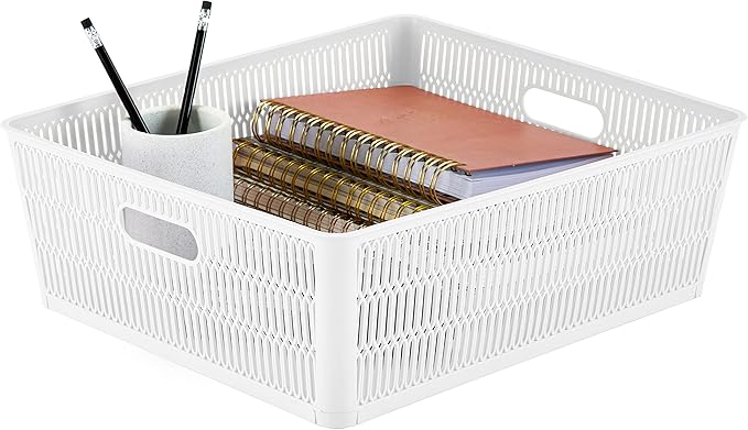 Simplify 2Pk Shallow Slide 2 Stack It Tote Basket | Storage & Organization | Open Bins with Stackable Capability | Bathroom | Crafts | Pantry | Playroom | Office | White