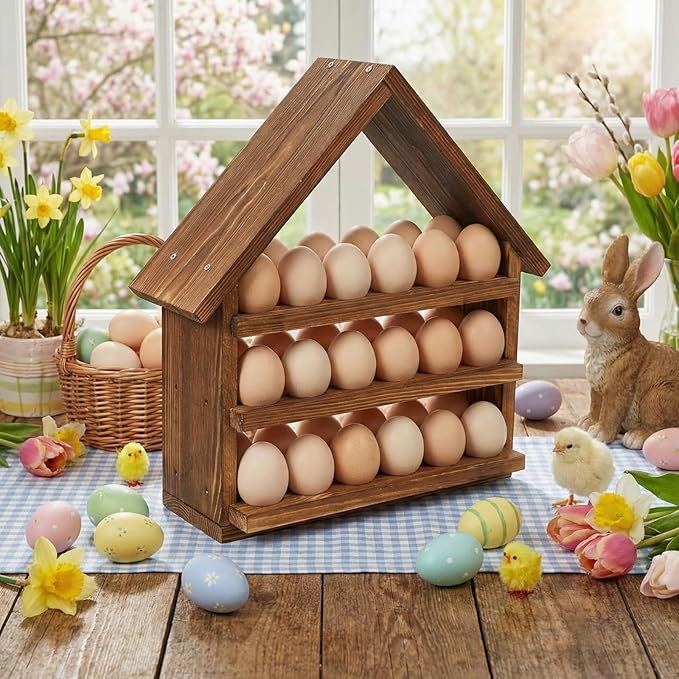 Remerry Wooden Egg Holder Countertop 3 Tier House Shape Fresh Egg Storage 36 Hole Pull out Eggs Racks Basket for Home Craft Room Farmhouse Kitchen Counter Organizer(No Door)