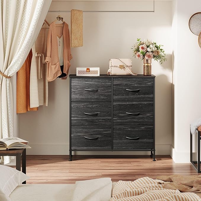 WLIVE Black Dresser for Bedroom, 6 Drawer Dresser, Storage Tower with Fabric Bins, Chest of Drawers for Closet, Living Room, Hallway