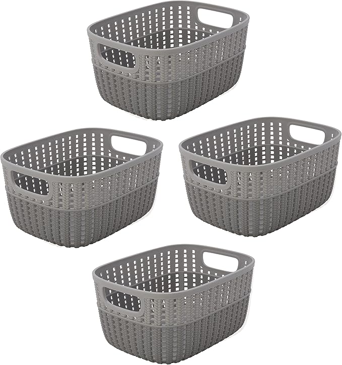 Simplify 4 Pack 2 Tone Sailor Knot Plastic Storage Tote | Decorative Basket | Closet Organization | De-clutter | Accessories | Toys | Bathroom Organization | Small | Grey/Grey