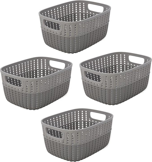 Simplify 4 Pack 2 Tone Sailor Knot Plastic Storage Tote | Decorative Basket | Closet Organization | De-clutter | Accessories | Toys | Bathroom Organization | Small | Grey/Grey