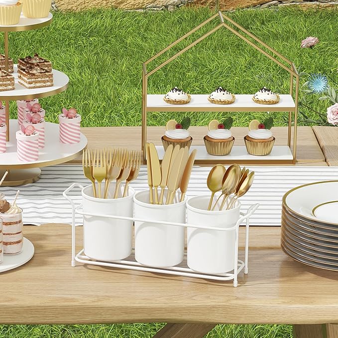 Lifewit Plastic Silverware Caddy with Metal Rack, Utensil Holder for Party, Cutlery Flatware Organizer for Kitchen Countertop, Forks Spoons Knives Storage for Picnic Camping Outdoor Buffet, White