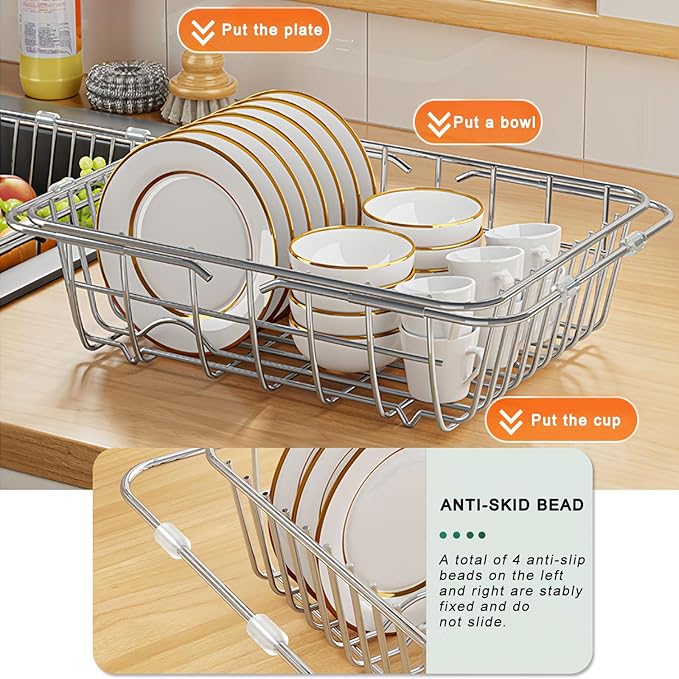 Drain Rack for Dishes Inside/Outside Sink-Expandable Stainless Steel Structure, Rubber Primer Protection, Space-Saving Kitchen Storage Tool. (Middle)