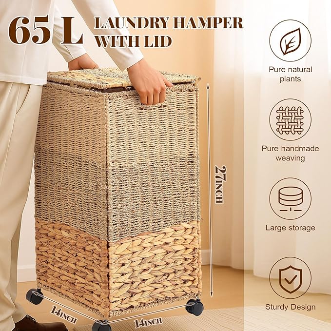Cinnvoice 65 L Rolling Wicker Laundry Basket with Wheels Laundry Hamper with Lid Decorative Woven Hamper with Washable Removable Liner Bags and Handles for Clothes Natural Water Hyacinth, 1 Section