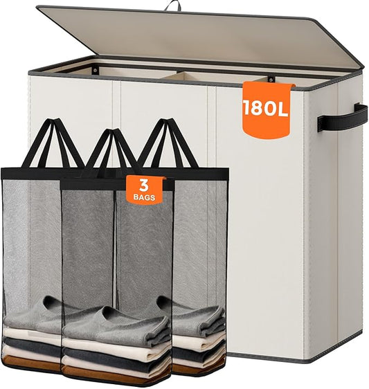 Optish 180L Laundry Hamper 3 Section, Large Laundry Basket with Lid, Laundry Basket Organizer with Handles, White Divided Laundry Baskets, Clothes Hampers for Laundry, Bedroom, Bathroom