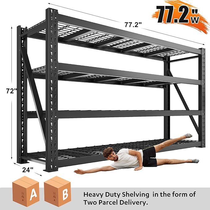 Bepatio 77"W Heavy Duty Garage Shelving,8000LBS Industrial Storage Shelves,4 Tier Adjustable Metal Shelving Unit, Large Steel Storage Rack for Basement, Warehouse, Commercial Use, 24"D x 72"H, Black