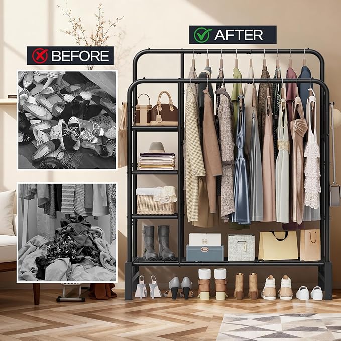 Clothes Rack for Hanging Clothes, Double Rods Clothing Rack with 3 Tier Storage Shelves, Multifunctional Heavy Duty Garment Rack for Bedroom, Laundry, Wardrobe Closet, Black