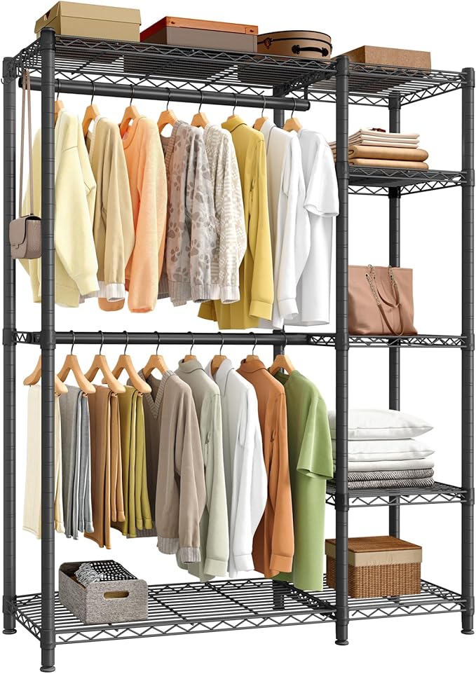 SONGMICS Clothing Rack, Heavy-Duty Garment Rack with Adjustable Storage Shelves and Hanging Rails, Hooks, Freestanding Portable Wardrobe Closet, Ink Black ULGR426BH01S