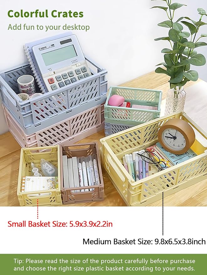 Xhwykzz 4 Pack Mini Foldable Plastic Small Baskets for Organizing and Storage, Collapsible Storage Crate for Home Bedroom Office Classroom Drawer Organizers (5.9x3.9x2.2in) Mini Size