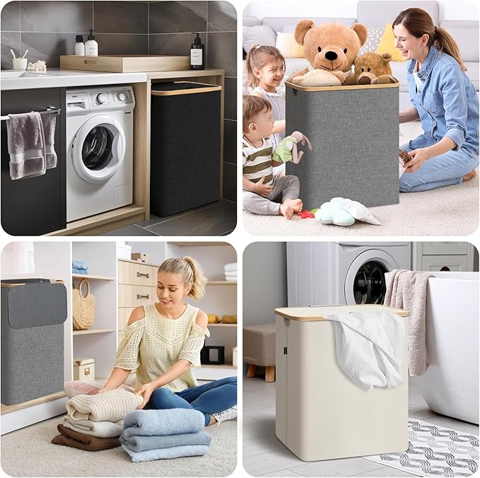 BALEINE Laundry Hamper with Lid, Tall Laundry Baskets with Bamboo Pull Handles, Large Laundry Bin with Internal Support (18 Gal/70L, Grey Pinstripe)