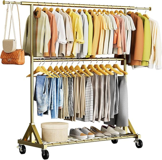 Luxspire Heavy Duty Clothes Rack Load 600 LBS, Double Rod Clothing Rack, Rolling Garment Racks with Lockable Wheels, Shelves, Adjustable Laundry Hanging Racks for Clothes, Gold