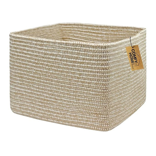COMFY-HOMI Square Woven Cotton Rope Basket for Organizing, Gift Baskets for Handles, Empty Gift Baskets, Toy Basket for bins|13.5" x 11" x 9.5" home decor for Living Room, Bathroom